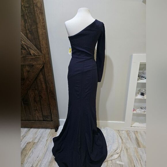 AMSALE One-Shoulder Crepe GOWN DRESS NWOT size 2 NAVY BLUE - Picture 4 of 5